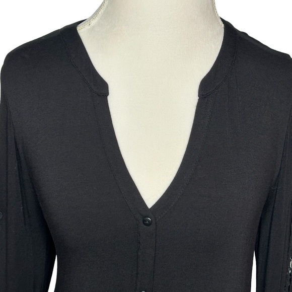 A. MOON Tunic Blouse Black High low Lace sleeves Unique style Stretch Size Large - Picture 4 of 6